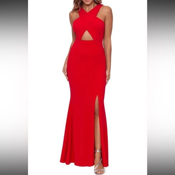 Xscape Cross Front Cutout Scuba Gown Red 2 - Picture 1 of 11